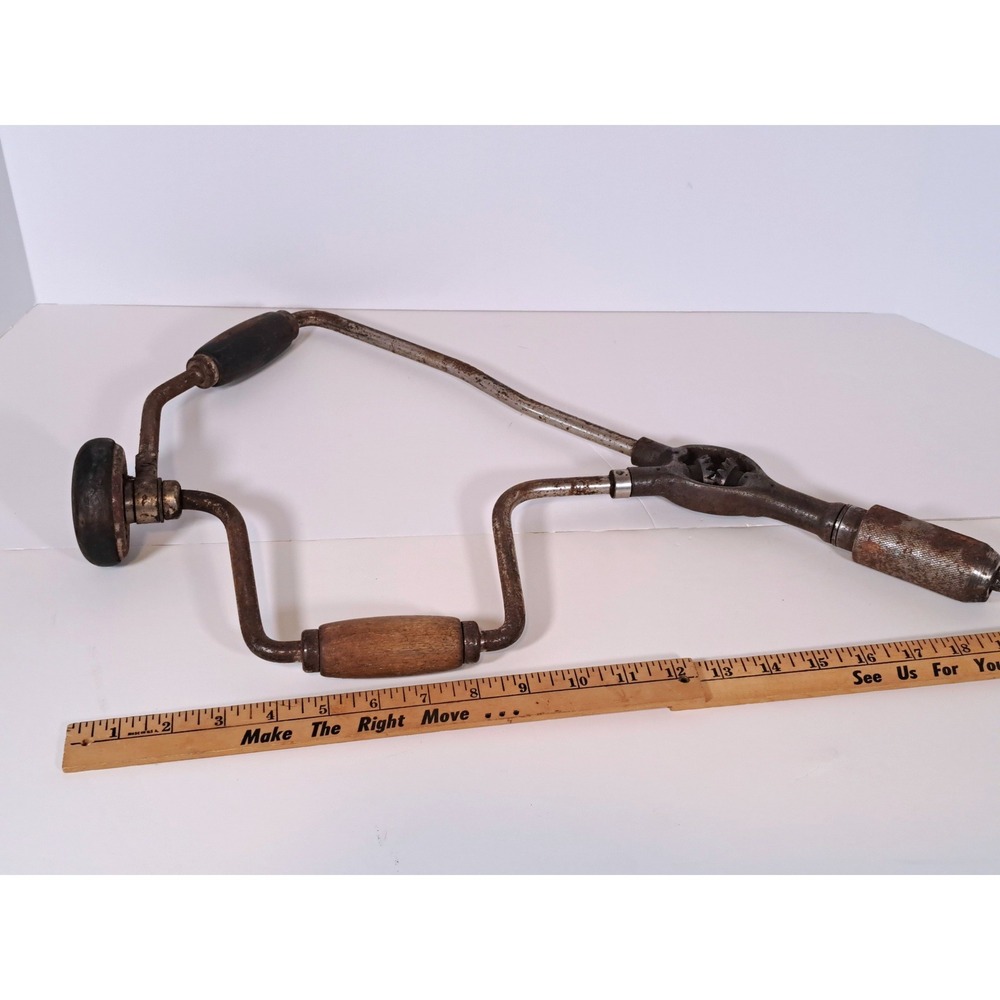 Vintage Hand Brace Drill Antique‎ Manual Woodworking Tool Wooden Handles 19 Inch